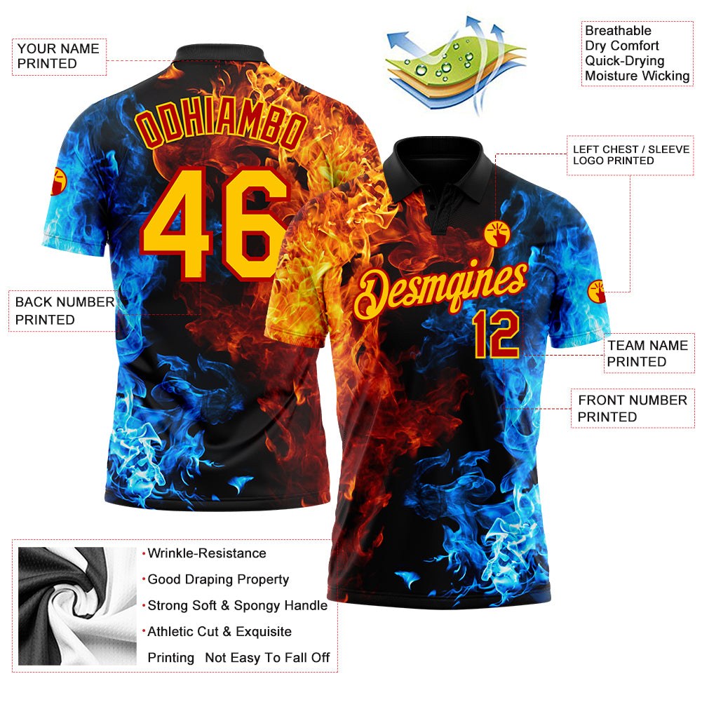 Custom Red Yellow 3D Pattern Design Flame Performance Golf Polo Shirt photo 3