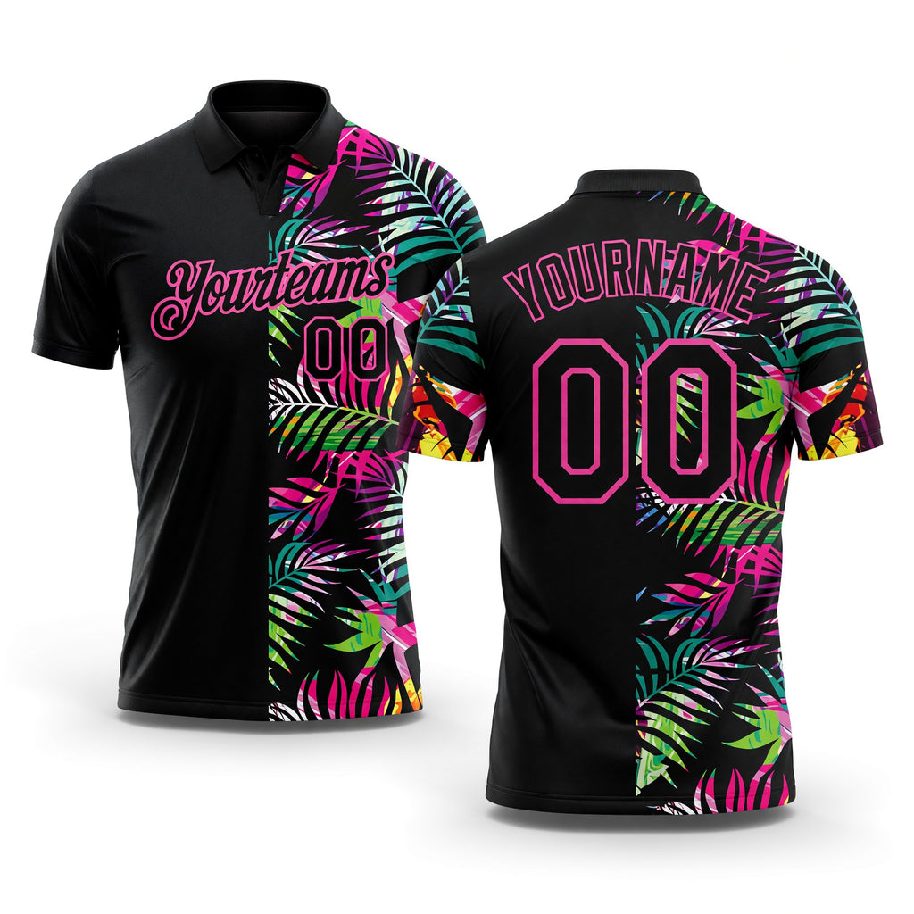Custom Black Pink 3D Pattern Design Tropical Hawaii Palm Leaves Performance Golf Polo Shirt