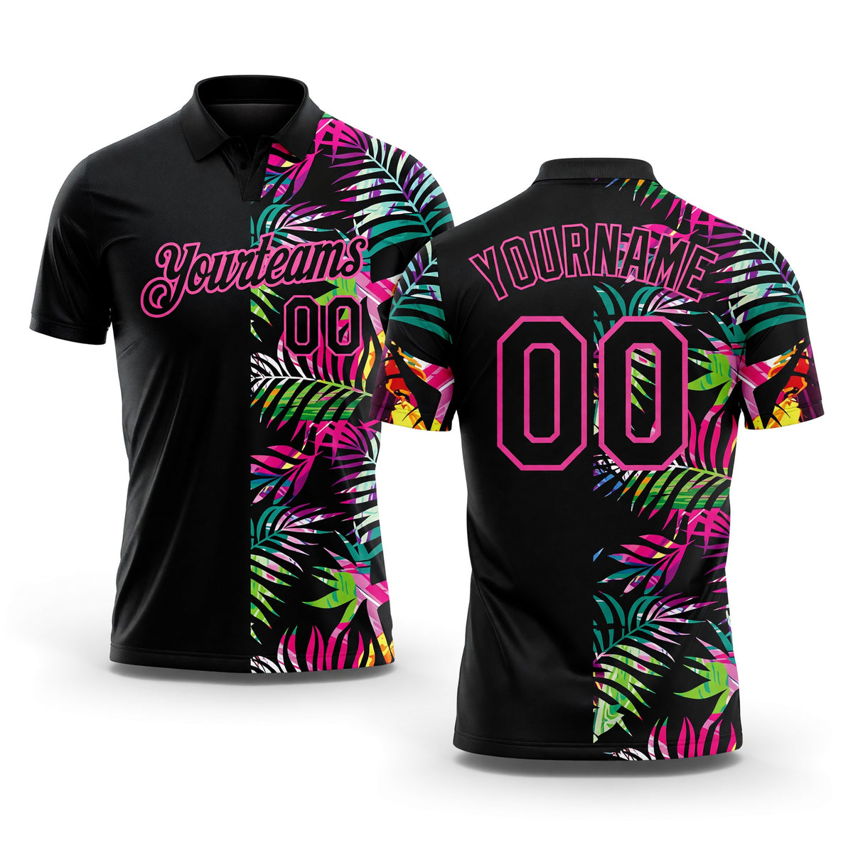 Custom Black Pink 3D Pattern Design Tropical Hawaii Palm Leaves Performance Golf Polo Shirt