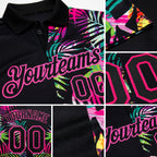 Custom Black Pink 3D Pattern Design Tropical Hawaii Palm Leaves Performance Golf Polo Shirt detail