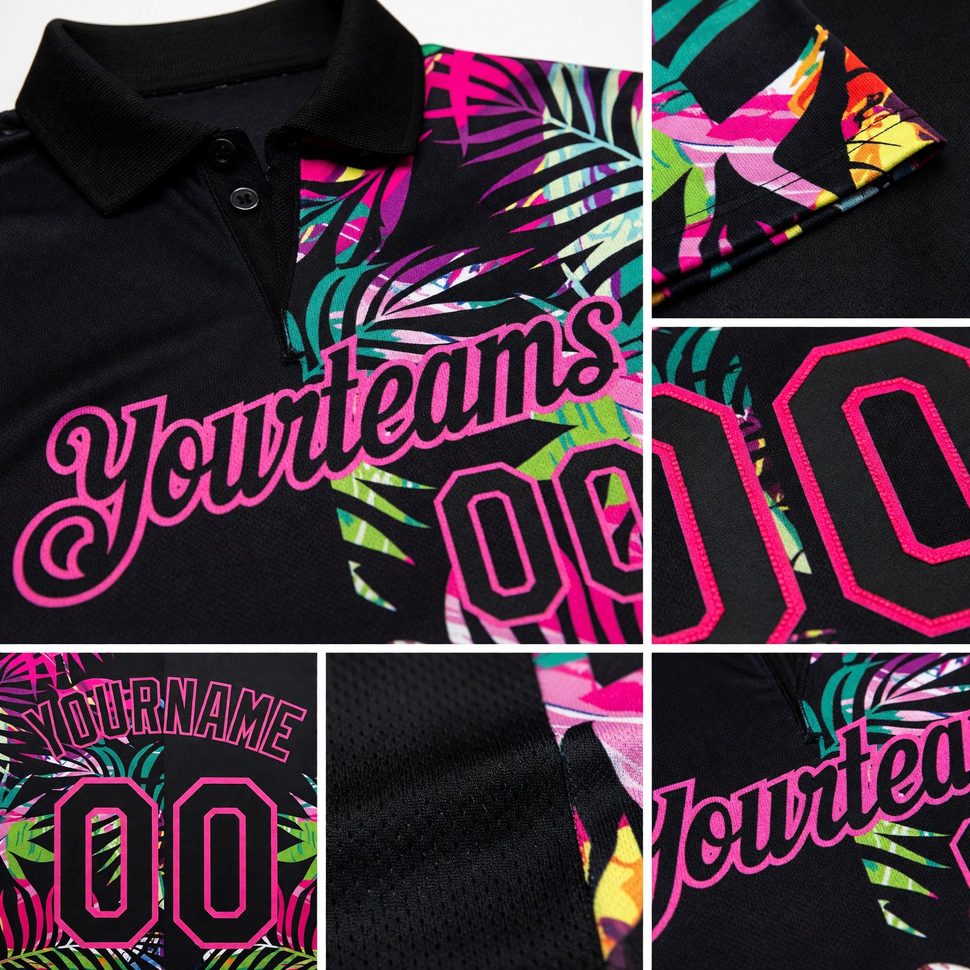 Custom Black Pink 3D Pattern Design Tropical Hawaii Palm Leaves Performance Golf Polo Shirt detail