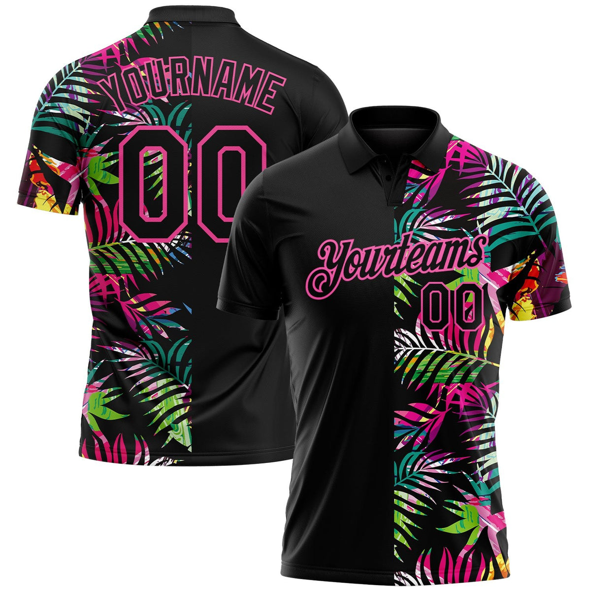 Custom Black Pink 3D Pattern Design Tropical Hawaii Palm Leaves Performance Golf Polo Shirt photo 1