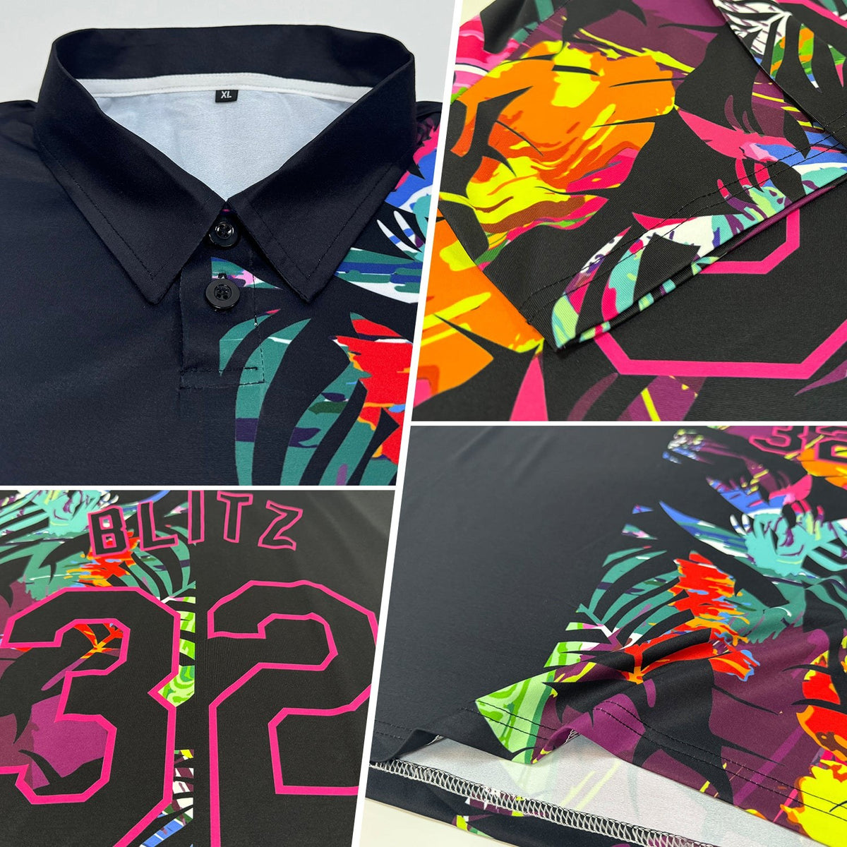 Custom Black Pink 3D Pattern Design Tropical Hawaii Palm Leaves Performance Golf Polo Shirt photo 2