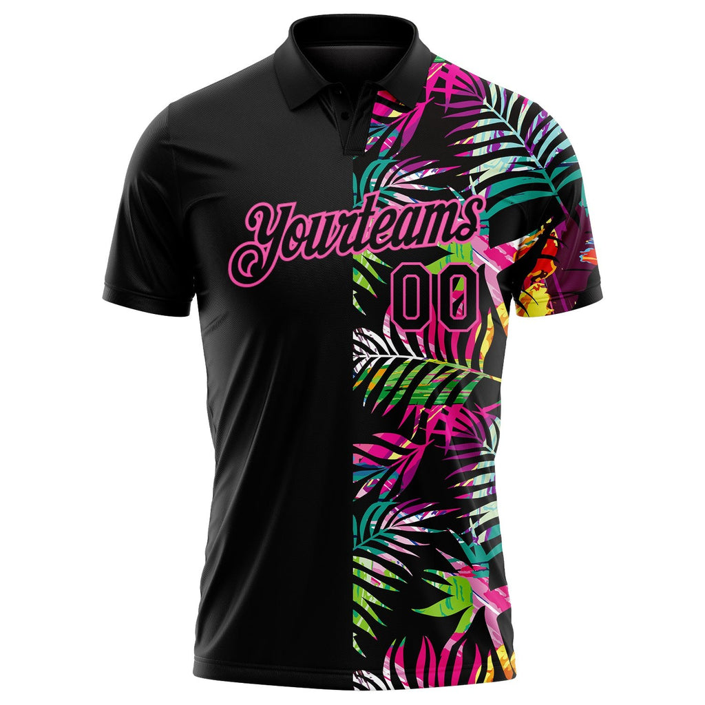 Custom Black Pink 3D Pattern Design Tropical Hawaii Palm Leaves Performance Golf Polo Shirt photo 3