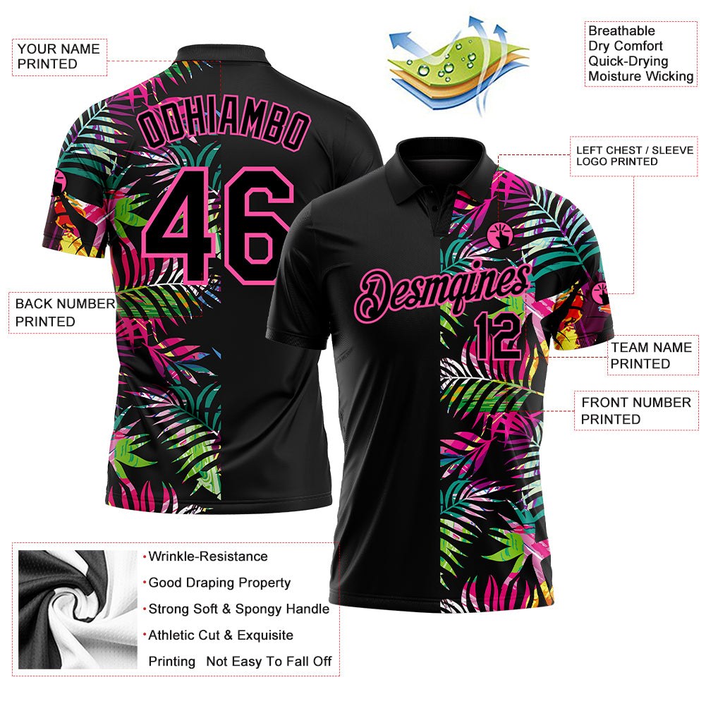 Custom Black Pink 3D Pattern Design Tropical Hawaii Palm Leaves Performance Golf Polo Shirt photo 4