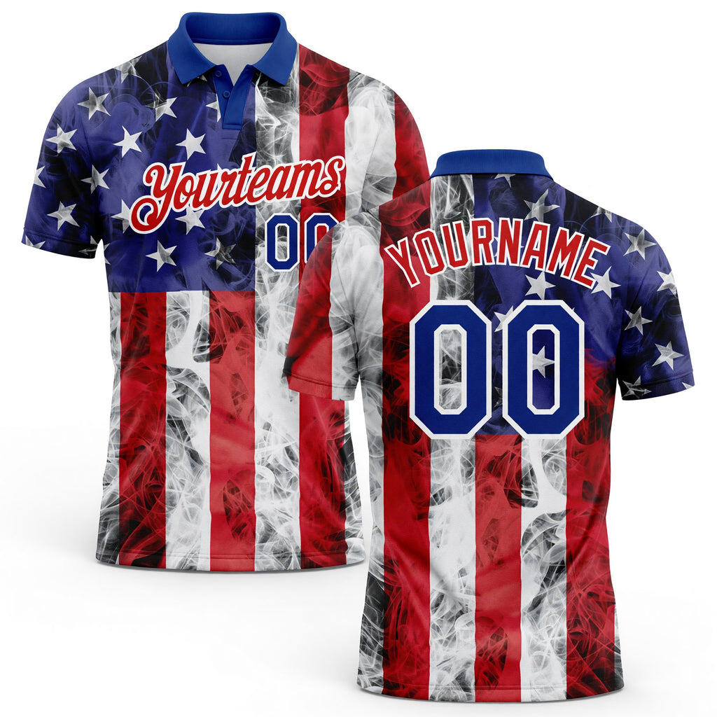 Custom White Royal-Red 3D American Flag Performance Golf Polo Shirt