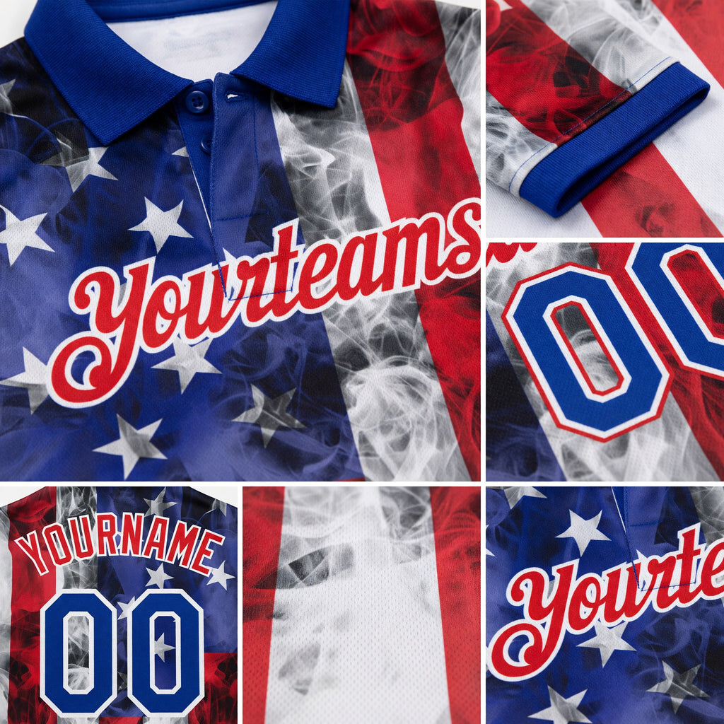 Custom White Royal-Red 3D American Flag Performance Golf Polo Shirt detail