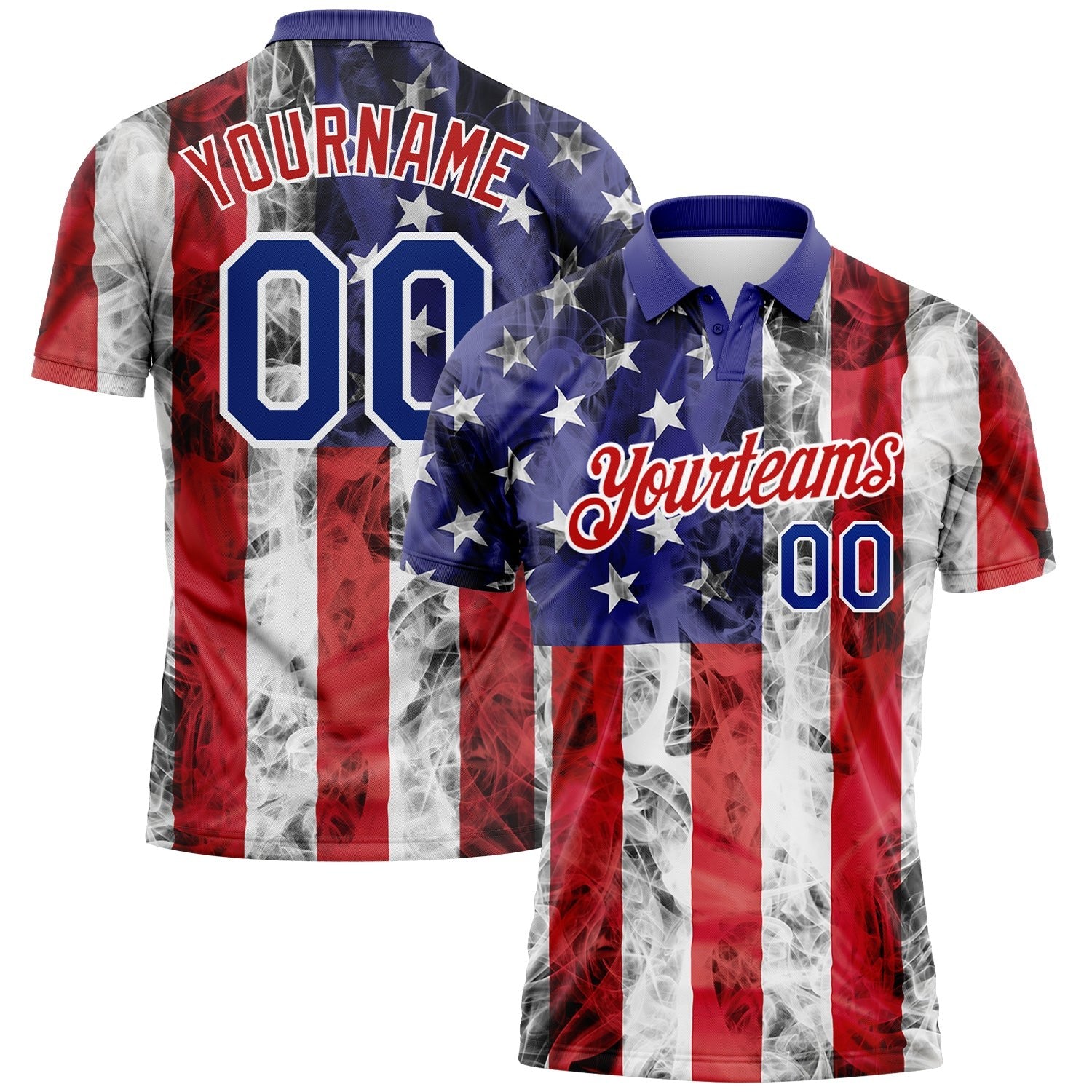 Custom White Royal-Red 3D American Flag Performance Golf Polo Shirt photo 1
