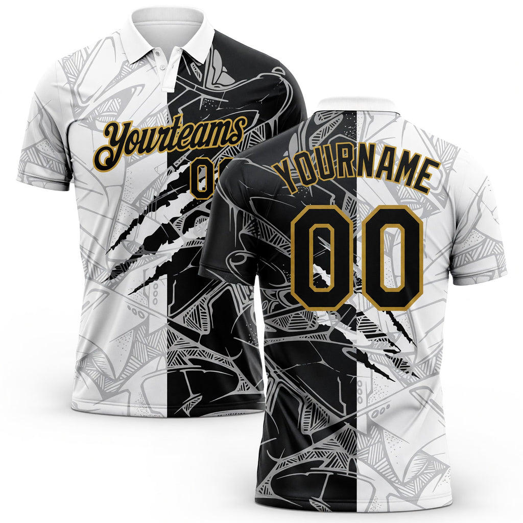 Custom Graffiti Pattern Black-Old Gold 3D Scratch Performance Golf Polo Shirt