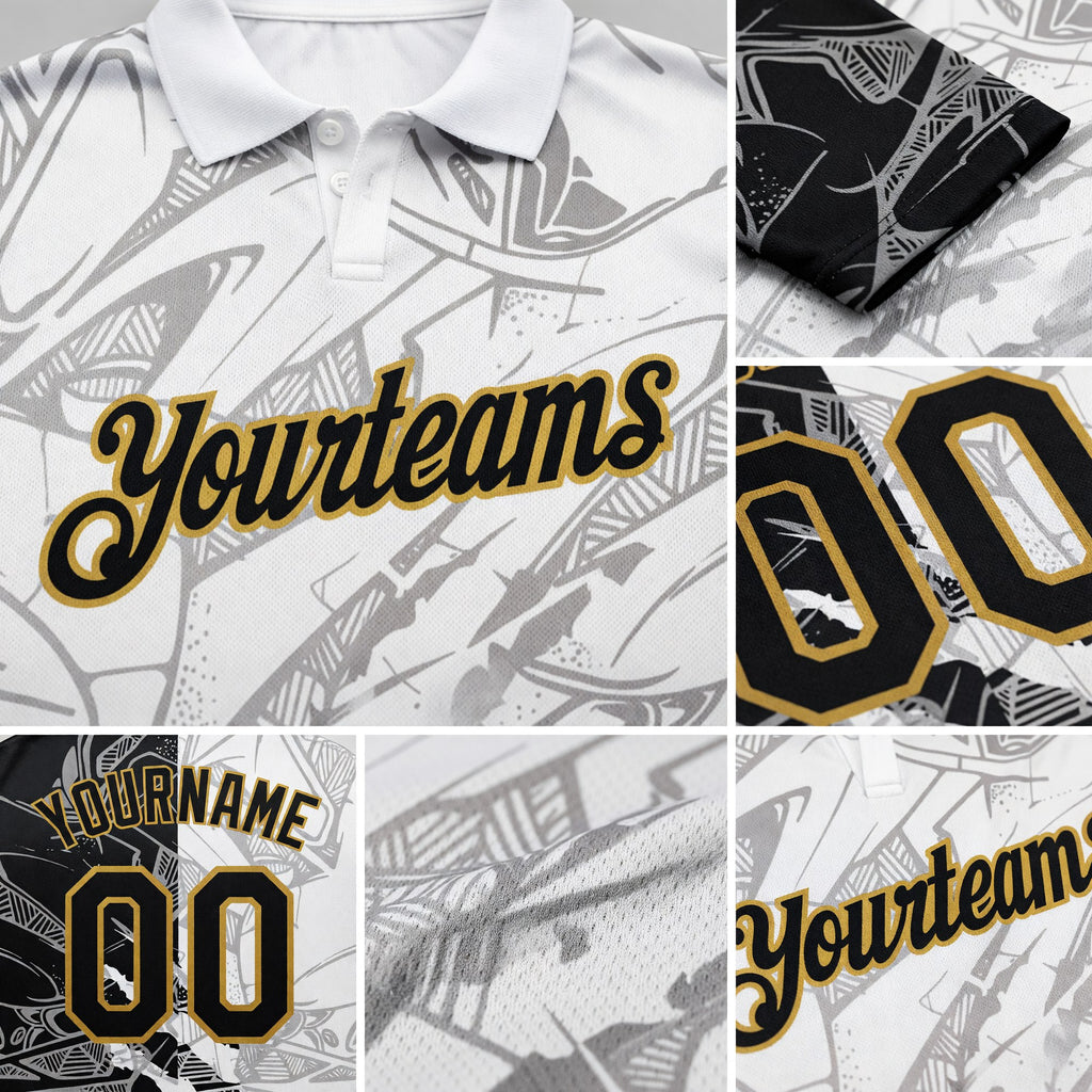 Custom Graffiti Pattern Black-Old Gold 3D Scratch Performance Golf Polo Shirt detail
