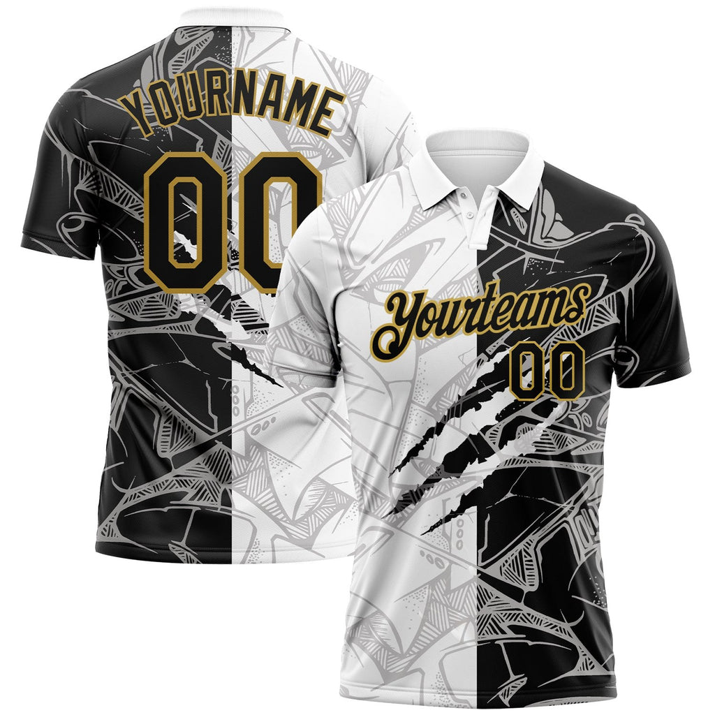 Custom Graffiti Pattern Black-Old Gold 3D Scratch Performance Golf Polo Shirt photo 1