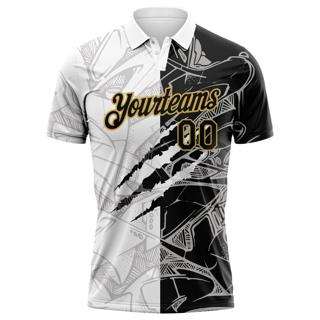 Custom Graffiti Pattern Black-Old Gold 3D Scratch Performance Golf Polo Shirt photo 2