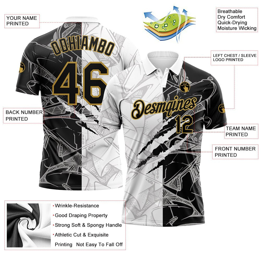 Custom Graffiti Pattern Black-Old Gold 3D Scratch Performance Golf Polo Shirt photo 3