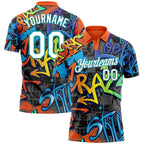 Custom Graffiti Pattern White-Teal 3D Grunge Design Performance Golf Polo Shirt photo 1