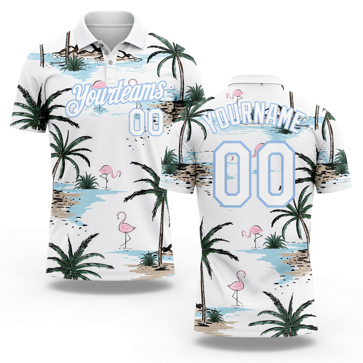Custom White Light Blue 3D Pattern Design Hawaii Palm Trees Performance Golf Polo Shirt