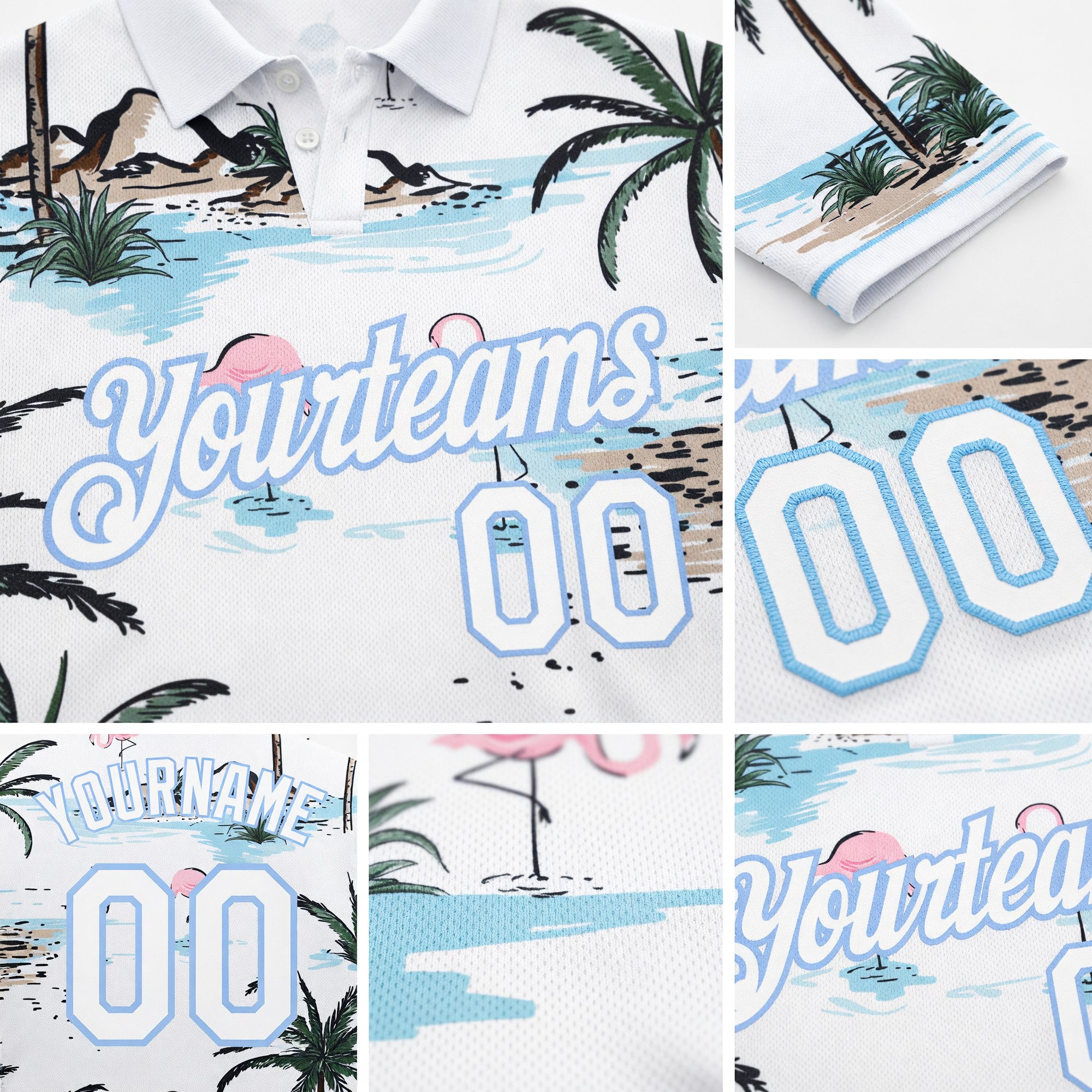 Custom White Light Blue 3D Pattern Design Hawaii Palm Trees Performance Golf Polo Shirt detail