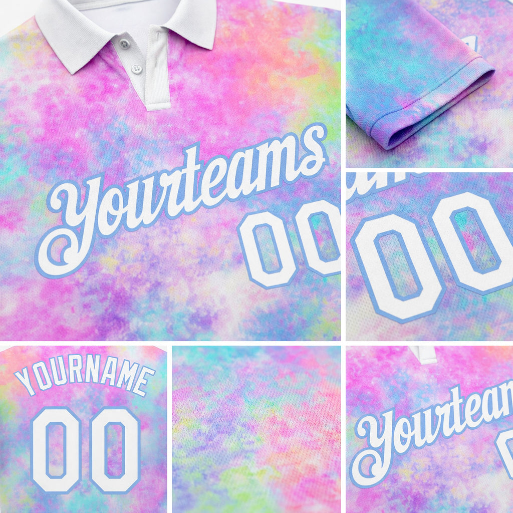 Custom Tie Dye White-Light Blue 3D Watercolor Performance Golf Polo Shirt detail