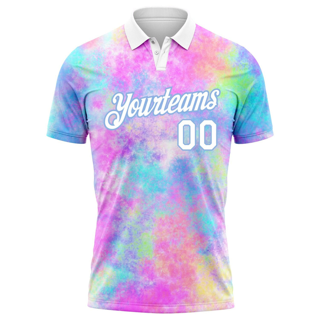 Custom Tie Dye White-Light Blue 3D Watercolor Performance Golf Polo Shirt photo 2
