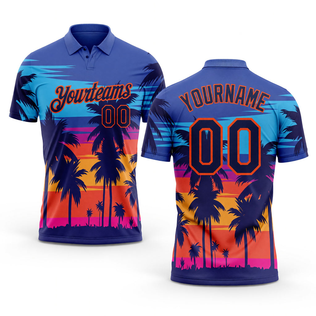 Custom Powder Blue Navy-Orange 3D Pattern Design Hawaii Palm Trees Performance Golf Polo Shirt