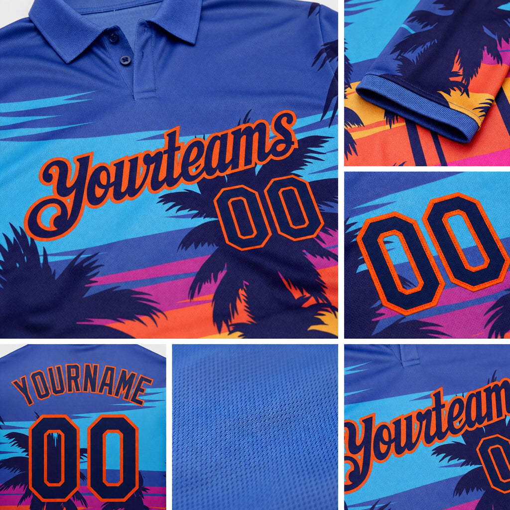 Custom Powder Blue Navy-Orange 3D Pattern Design Hawaii Palm Trees Performance Golf Polo Shirt detail
