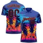 Custom Powder Blue Navy-Orange 3D Pattern Design Hawaii Palm Trees Performance Golf Polo Shirt photo 1