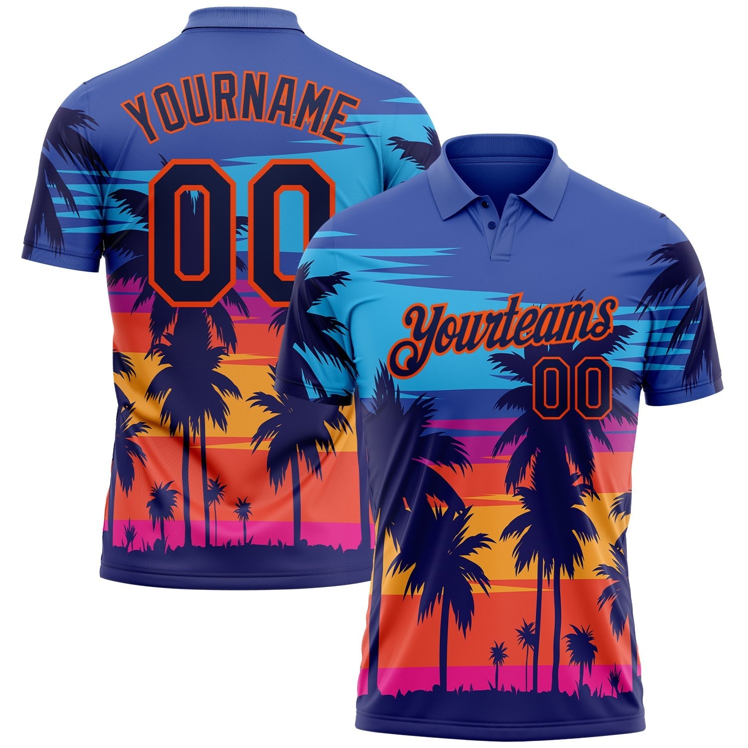 Custom Powder Blue Navy-Orange 3D Pattern Design Hawaii Palm Trees Performance Golf Polo Shirt photo 1