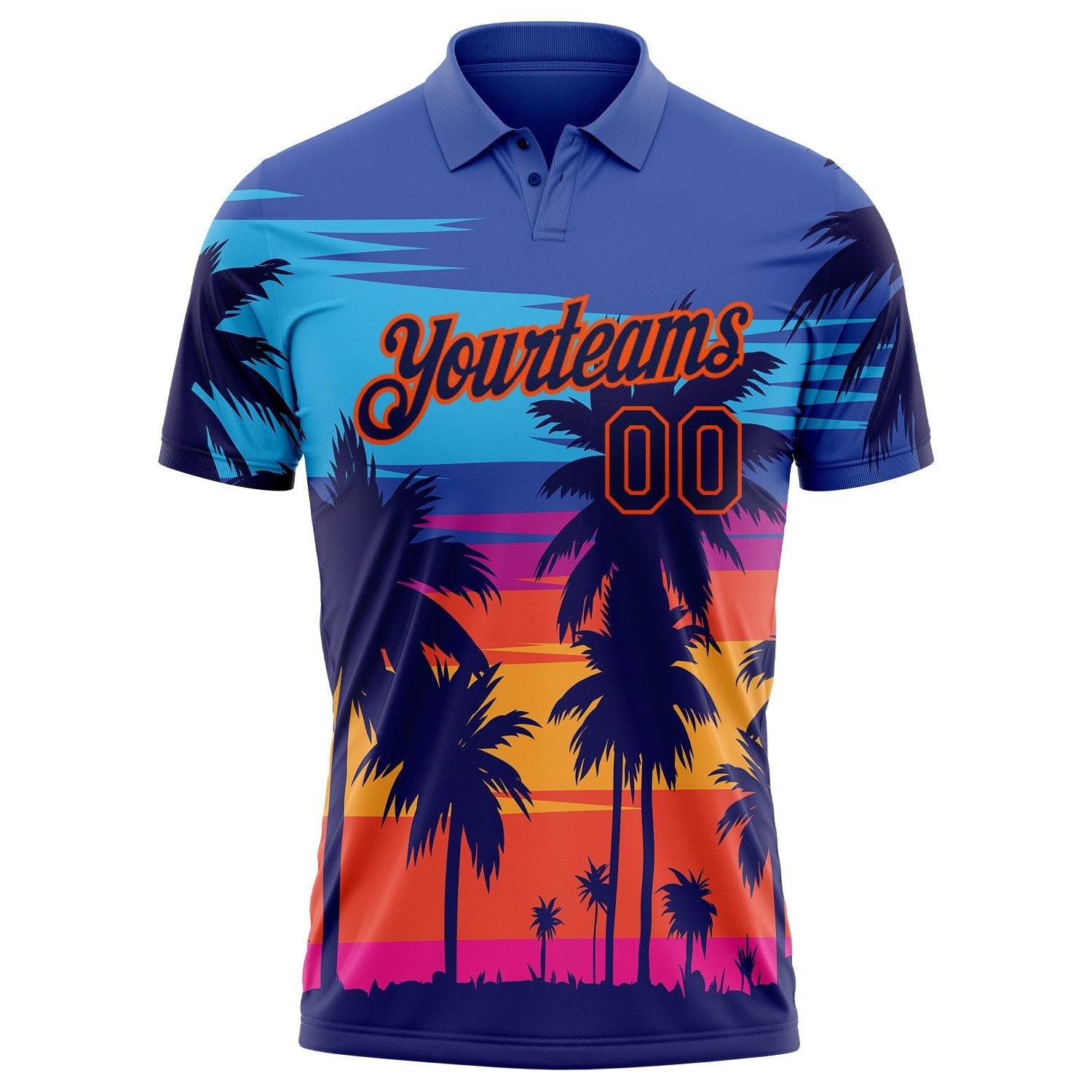 Custom Powder Blue Navy-Orange 3D Pattern Design Hawaii Palm Trees Performance Golf Polo Shirt photo 2