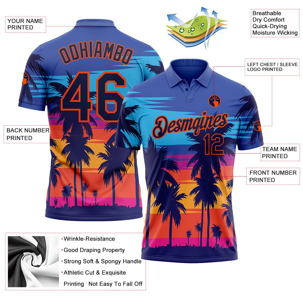Custom Powder Blue Navy-Orange 3D Pattern Design Hawaii Palm Trees Performance Golf Polo Shirt photo 3