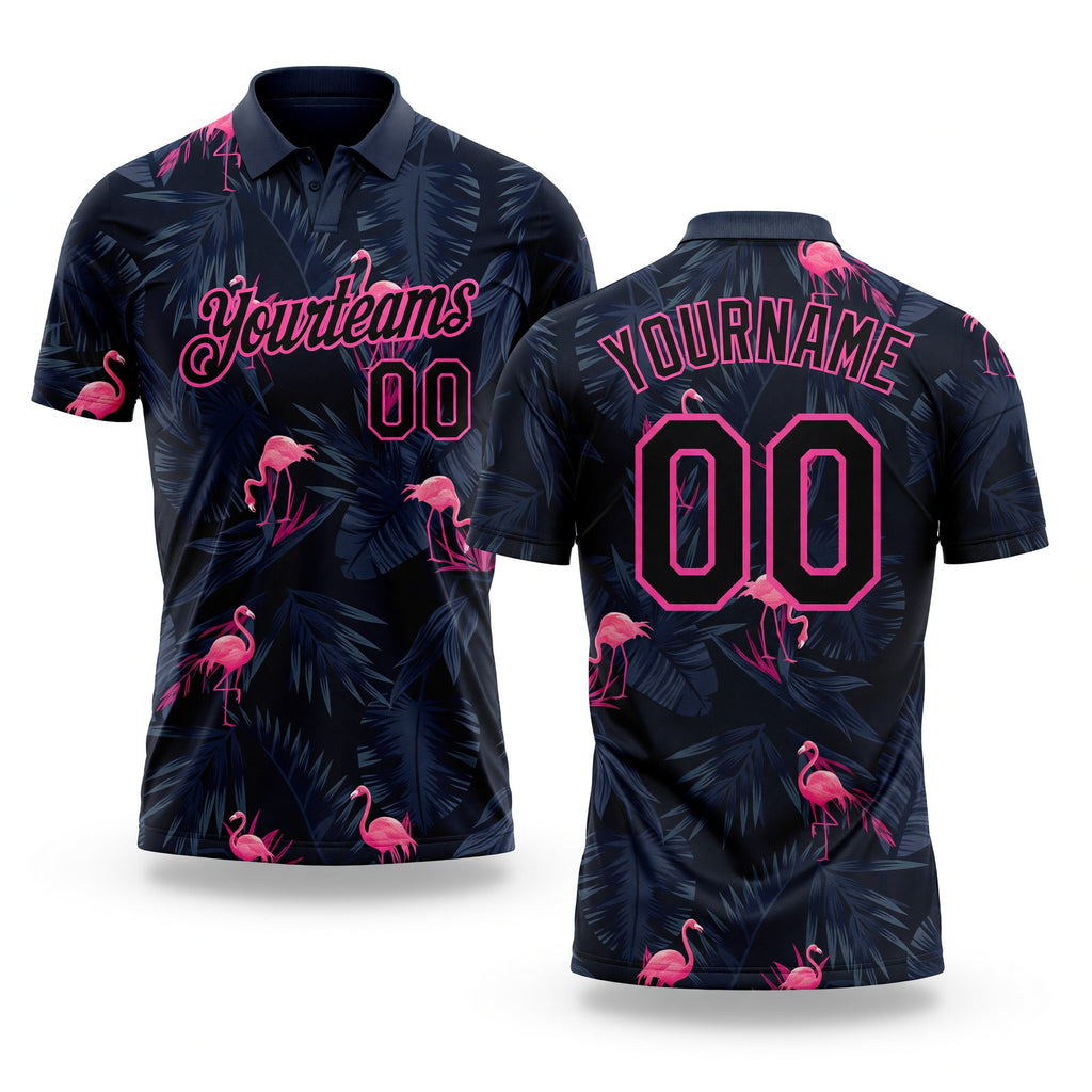 Custom Black Pink 3D Pattern Design Flamingo Performance Golf Polo Shirt