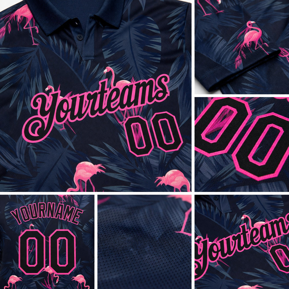Custom Black Pink 3D Pattern Design Flamingo Performance Golf Polo Shirt detail
