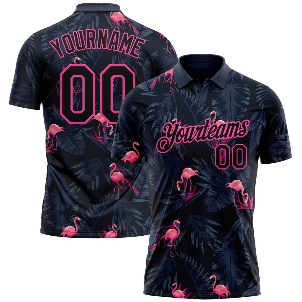 Custom Black Pink 3D Pattern Design Flamingo Performance Golf Polo Shirt photo 1