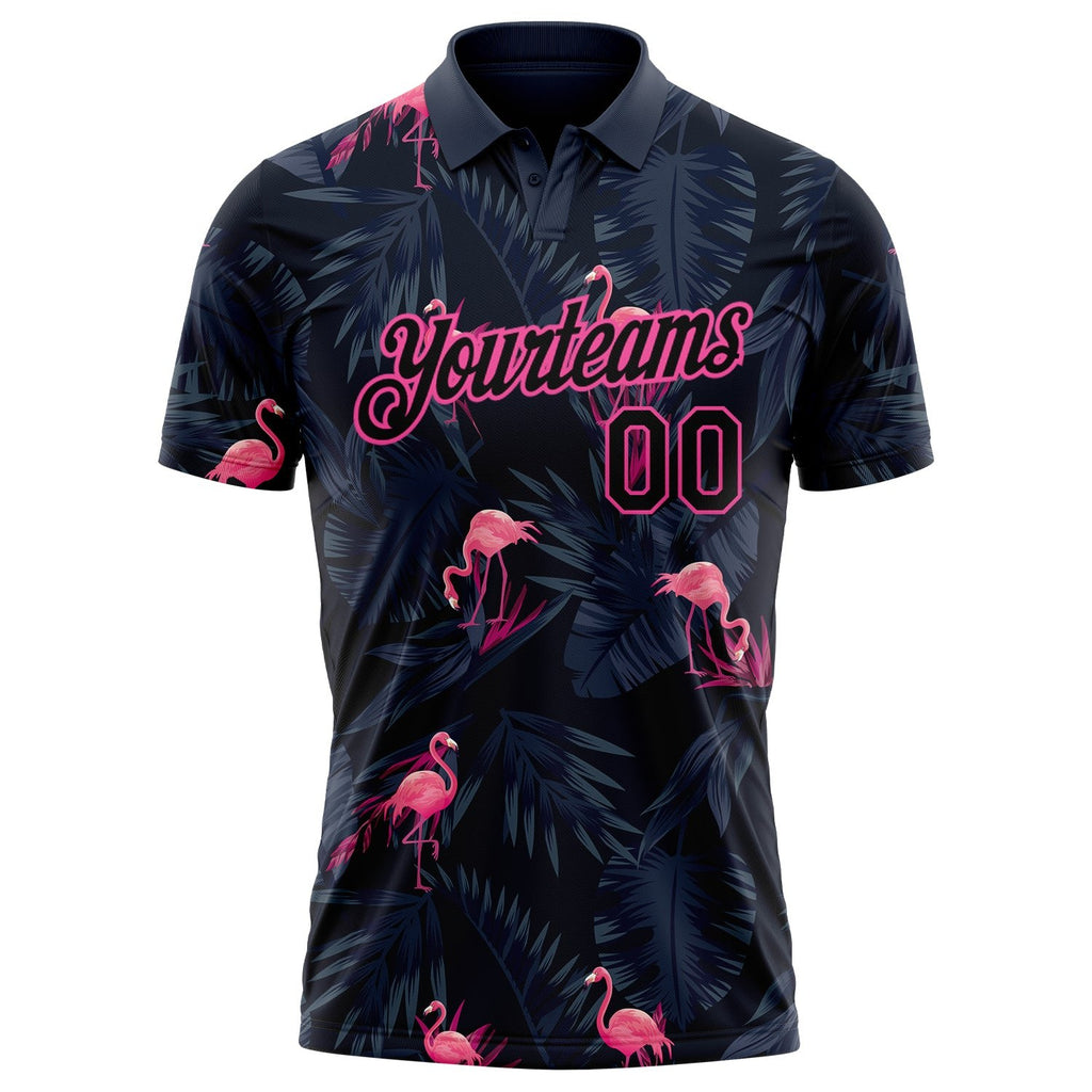 Custom Black Pink 3D Pattern Design Flamingo Performance Golf Polo Shirt photo 2