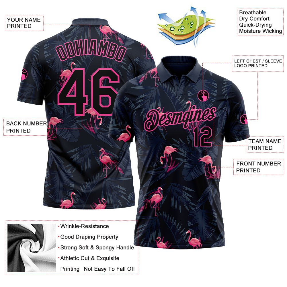Custom Black Pink 3D Pattern Design Flamingo Performance Golf Polo Shirt photo 3