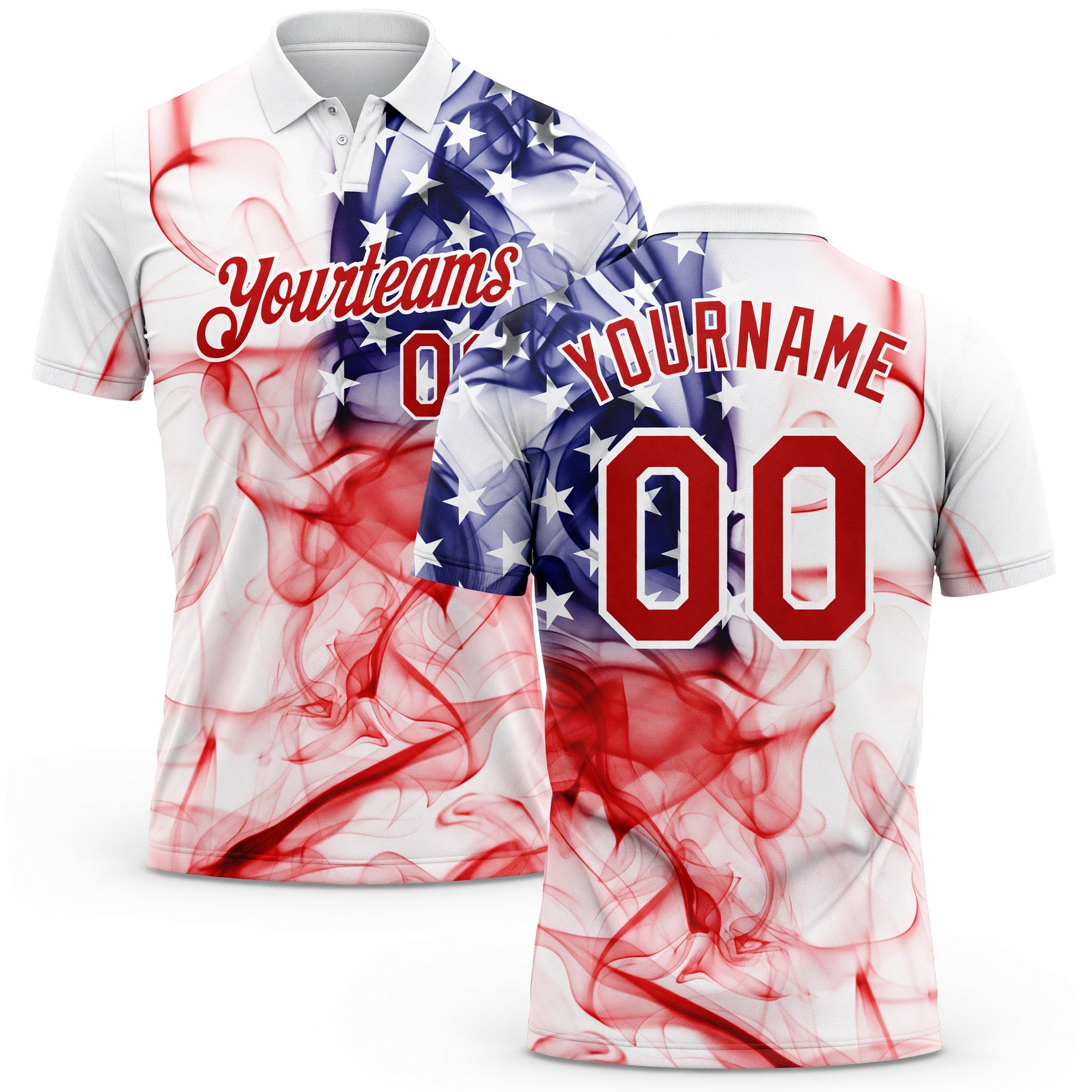 Custom White Red-Purple 3D American Flag Performance Golf Polo Shirt