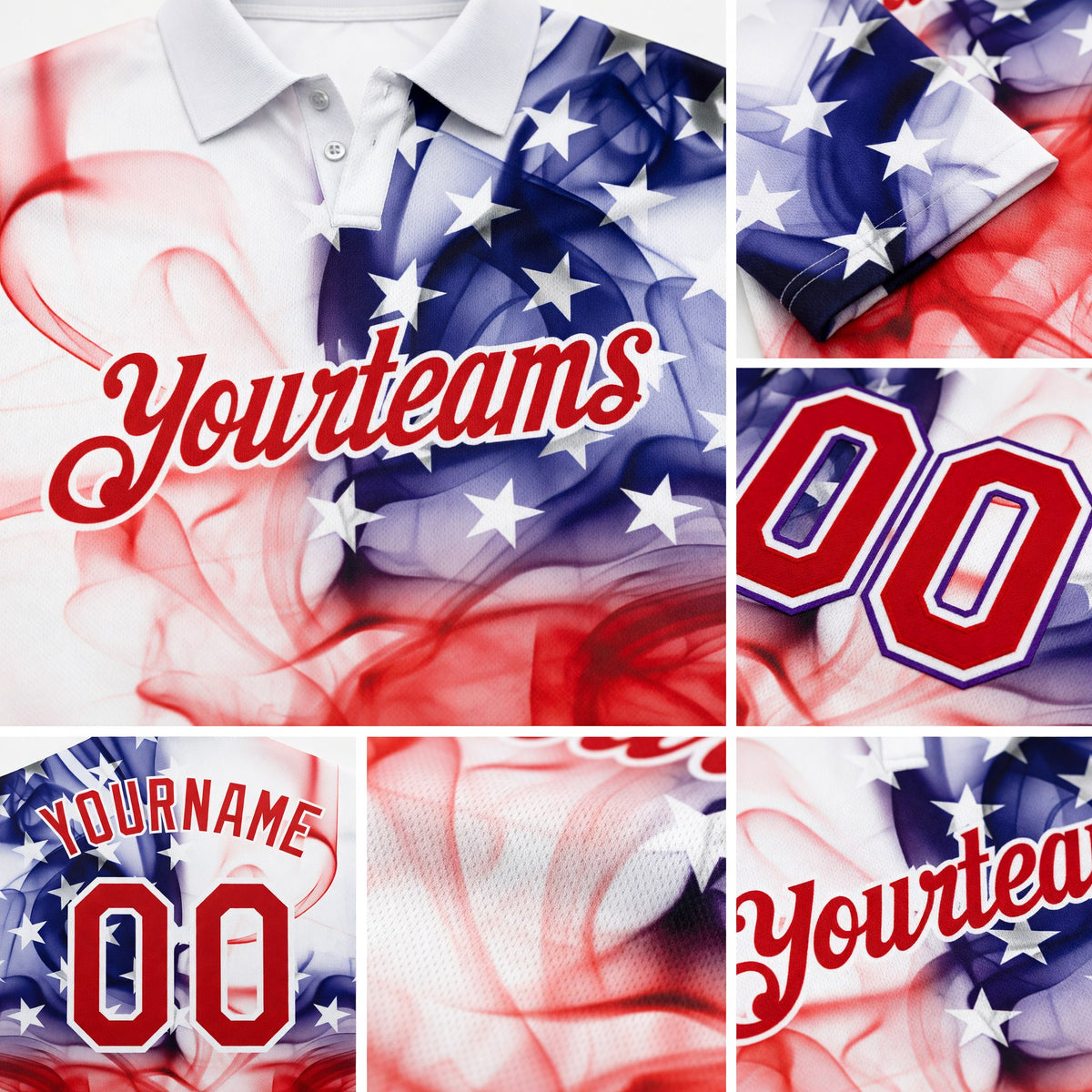 Custom White Red-Purple 3D American Flag Performance Golf Polo Shirt detail