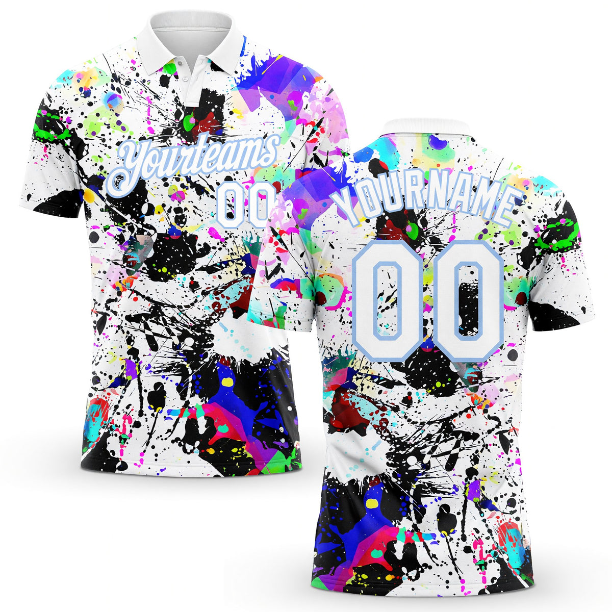 Custom Graffiti Pattern White-Light Blue 3D Splashes Performance Golf Polo Shirt