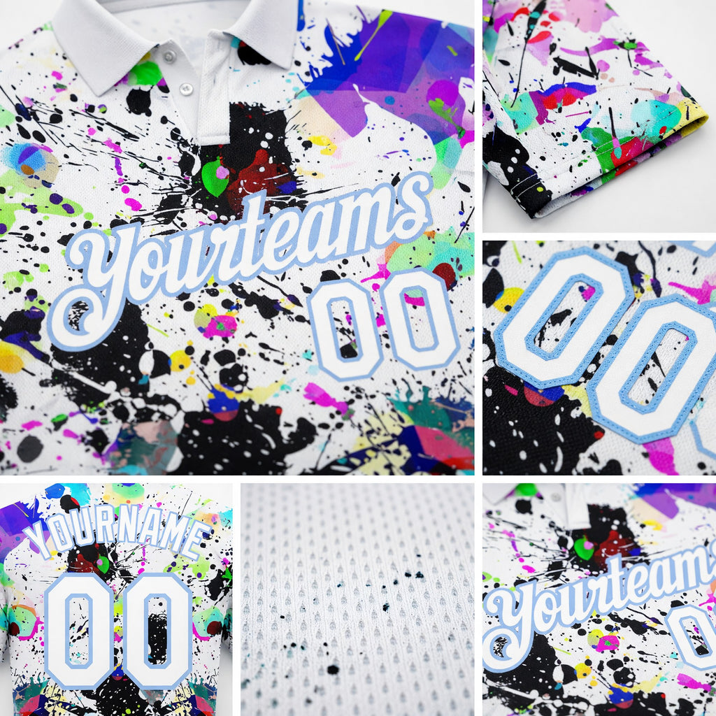 Custom Graffiti Pattern White-Light Blue 3D Splashes Performance Golf Polo Shirt detail