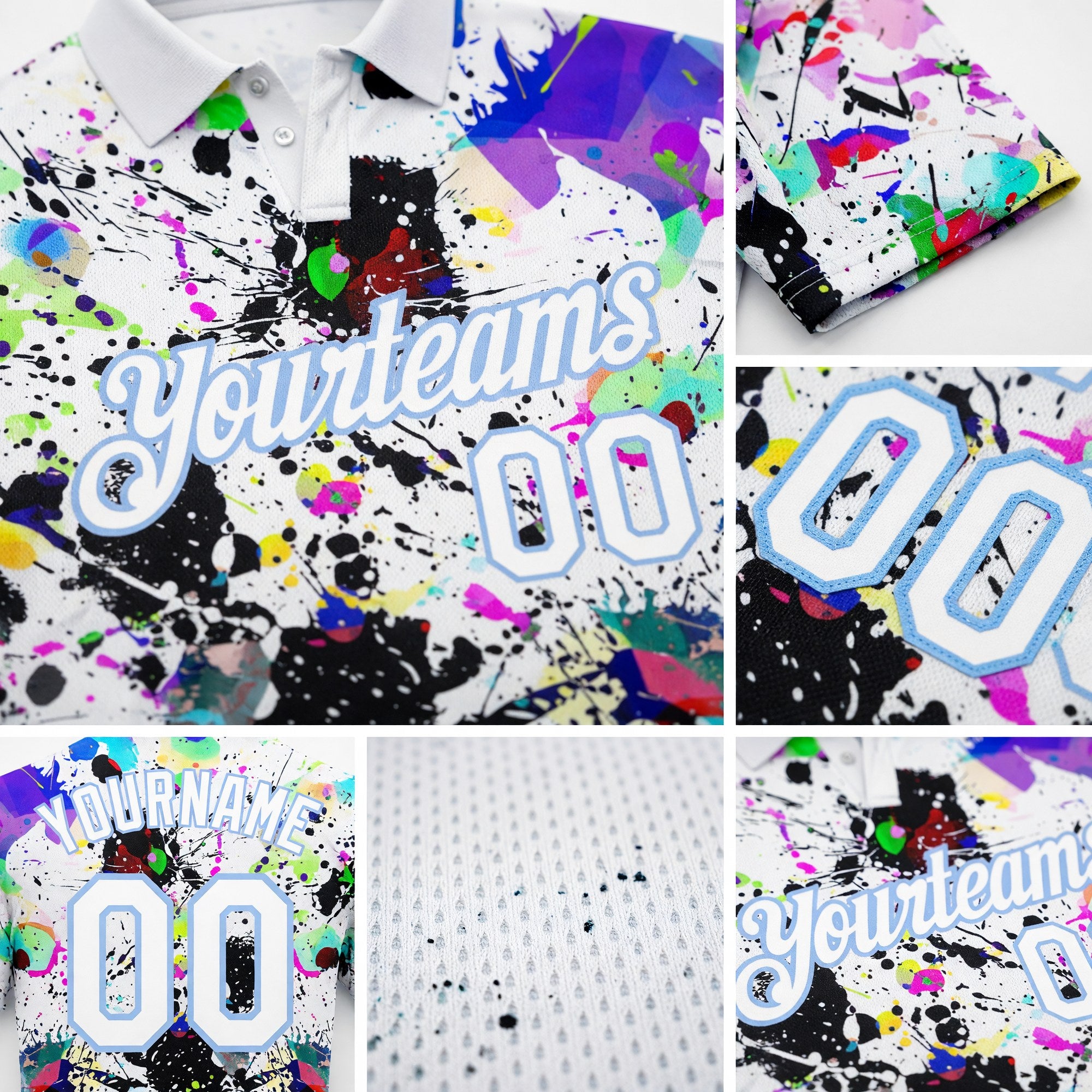 Custom Graffiti Pattern White-Light Blue 3D Splashes Performance Golf Polo Shirt detail