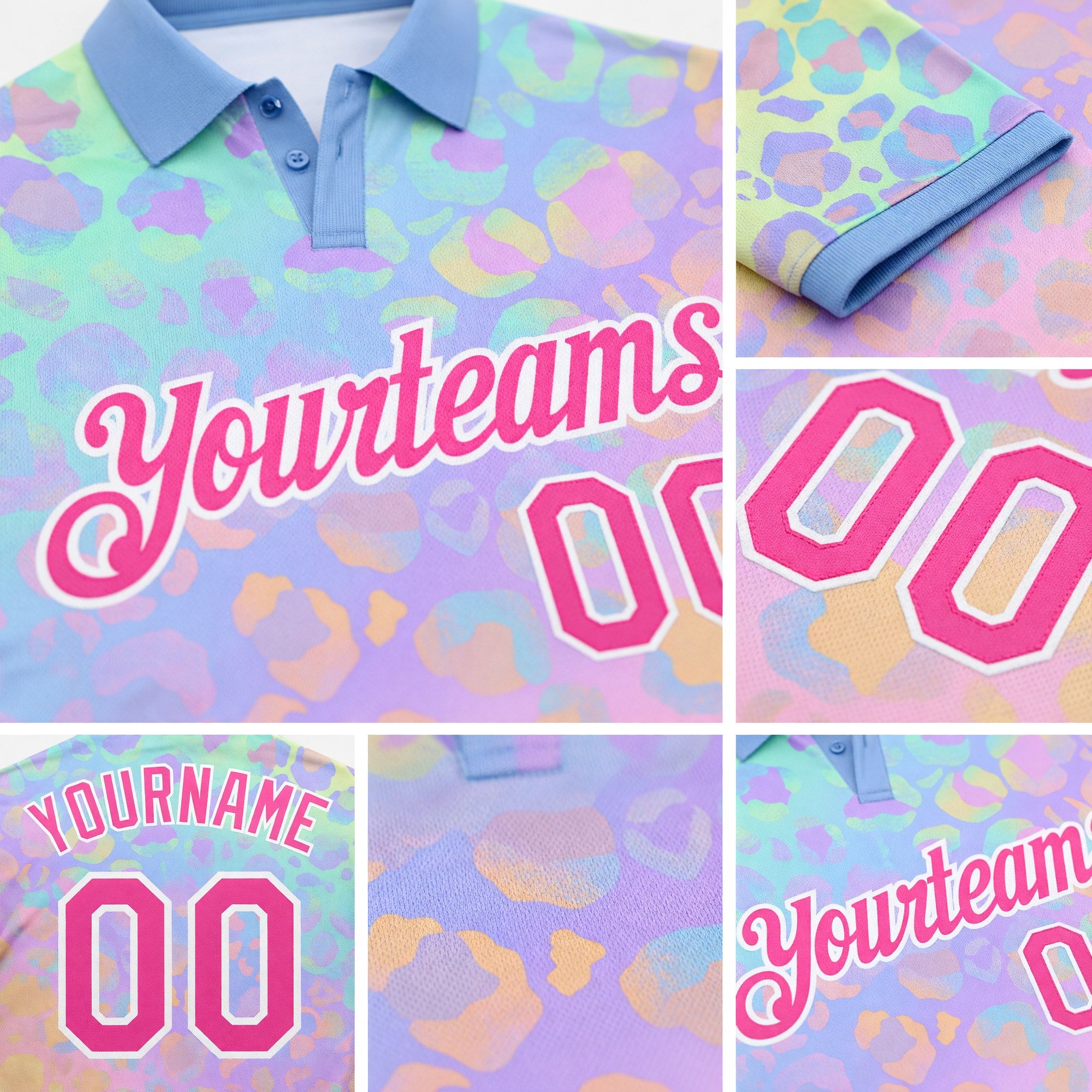 Custom Pink White 3D Pattern Design Leopard Print Performance Golf Polo Shirt detail