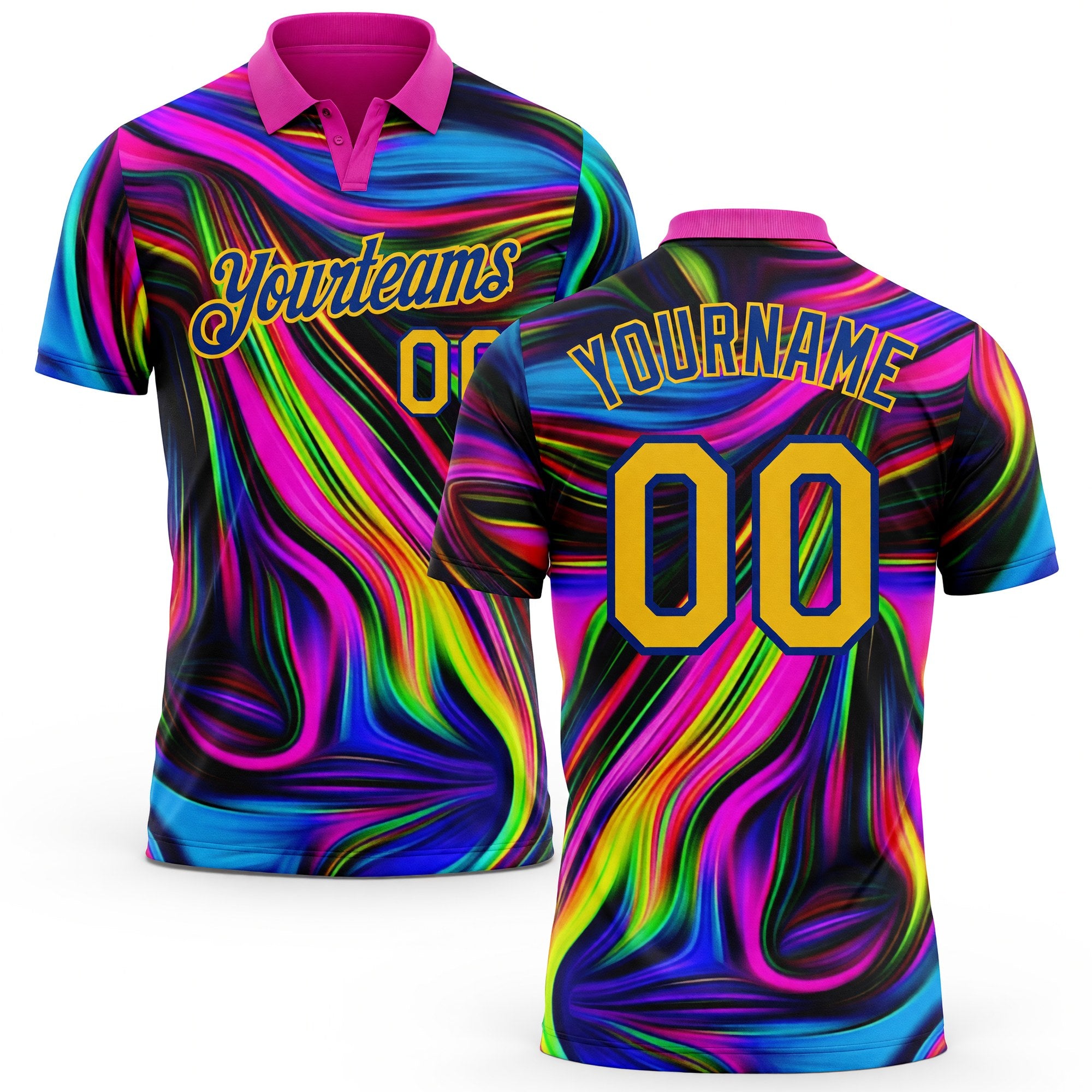 Custom Deep Pink Yellow-Royal 3D Pattern Design Abstract Colorful Psychedelic Fluid Art Performance Golf Polo Shirt