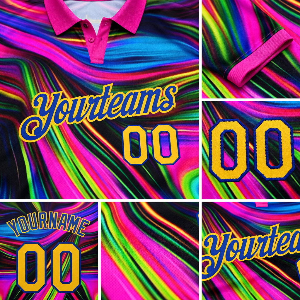 Custom Deep Pink Yellow-Royal 3D Pattern Design Abstract Colorful Psychedelic Fluid Art Performance Golf Polo Shirt detail