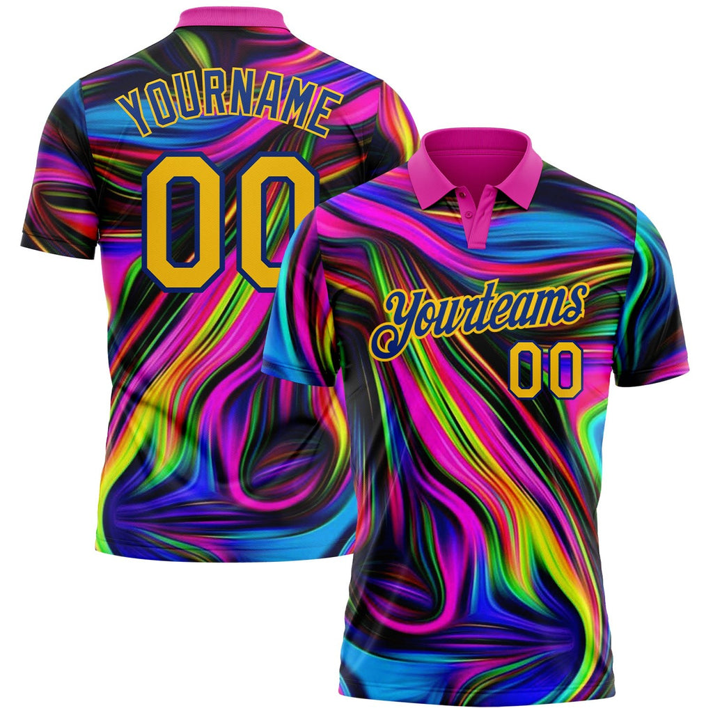 Custom Deep Pink Yellow-Royal 3D Pattern Design Abstract Colorful Psychedelic Fluid Art Performance Golf Polo Shirt photo 1