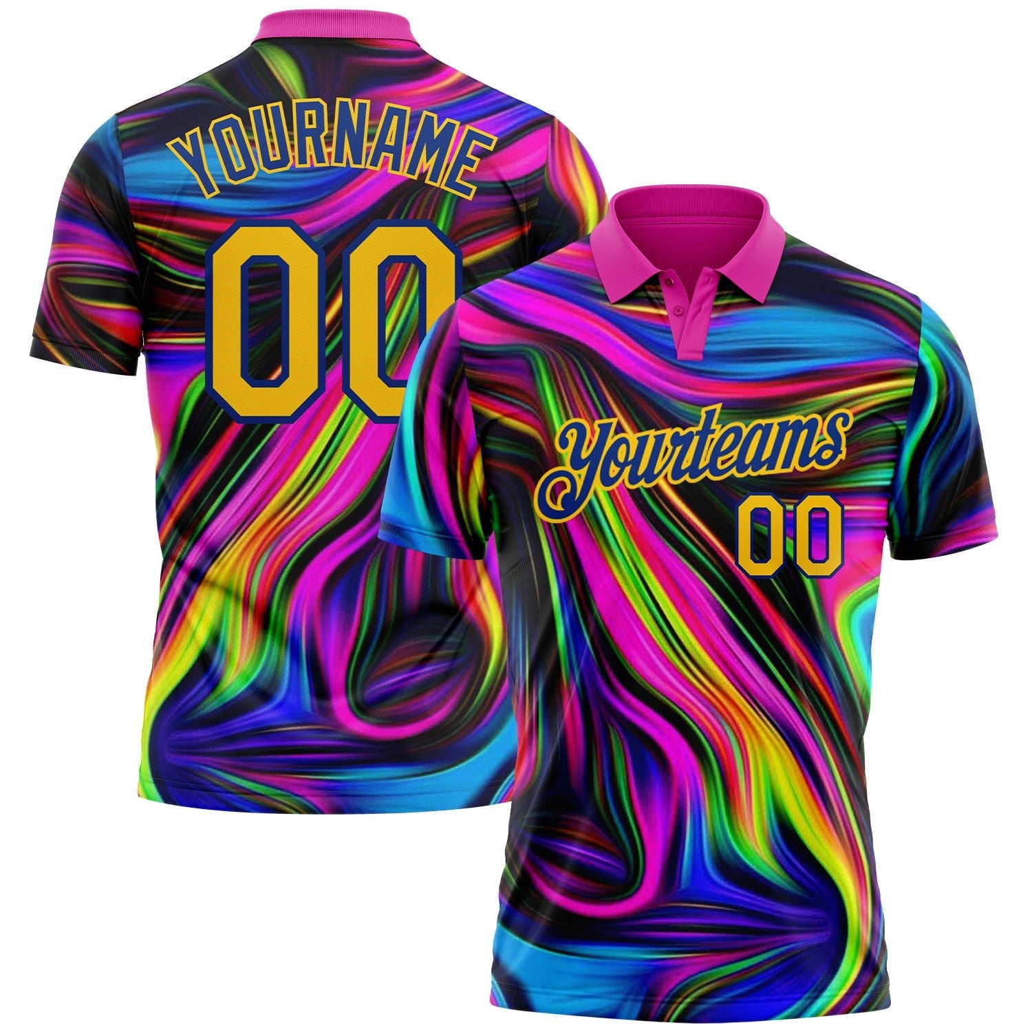 Custom Deep Pink Yellow-Royal 3D Pattern Design Abstract Colorful Psychedelic Fluid Art Performance Golf Polo Shirt photo 1