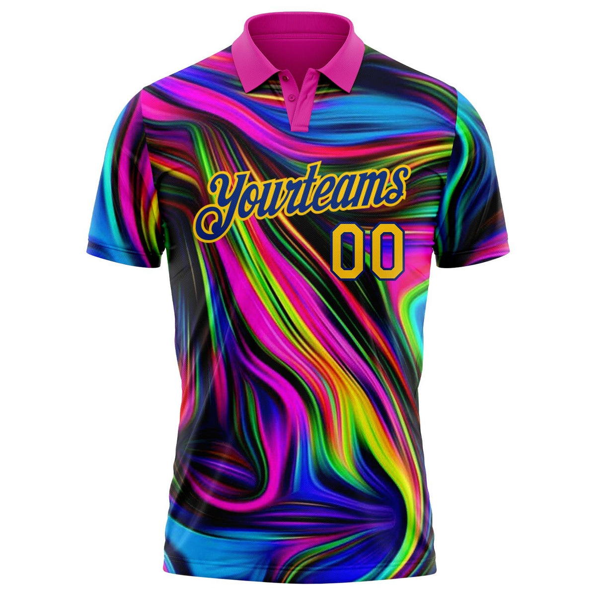 Custom Deep Pink Yellow-Royal 3D Pattern Design Abstract Colorful Psychedelic Fluid Art Performance Golf Polo Shirt photo 2