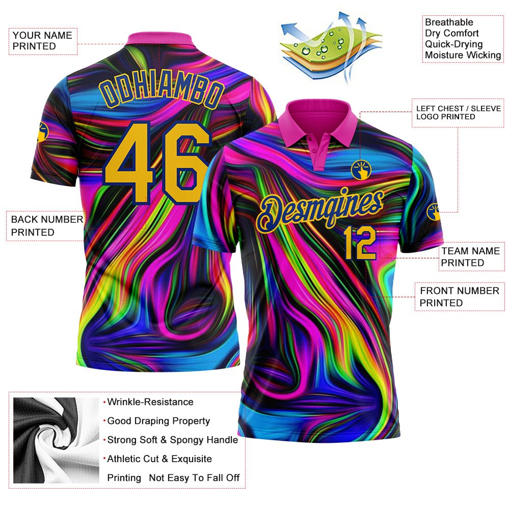Custom Deep Pink Yellow-Royal 3D Pattern Design Abstract Colorful Psychedelic Fluid Art Performance Golf Polo Shirt photo 3