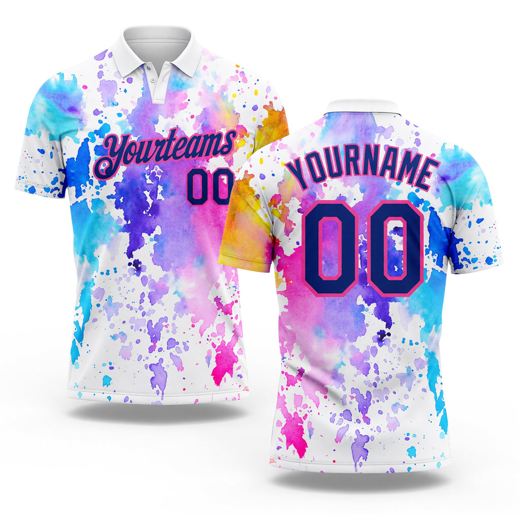 Custom White Royal-Pink 3D Pattern Design Watercolor Performance Golf Polo Shirt