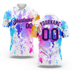 Custom White Royal-Pink 3D Pattern Design Watercolor Performance Golf Polo Shirt