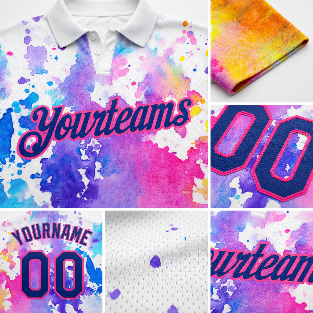 Custom White Royal-Pink 3D Pattern Design Watercolor Performance Golf Polo Shirt detail
