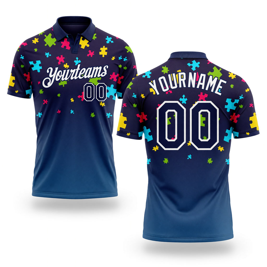 Custom Navy White 3D Pattern Design Autism Supporter Awareness Puzzle Pieces Performance Golf Polo Shirt
