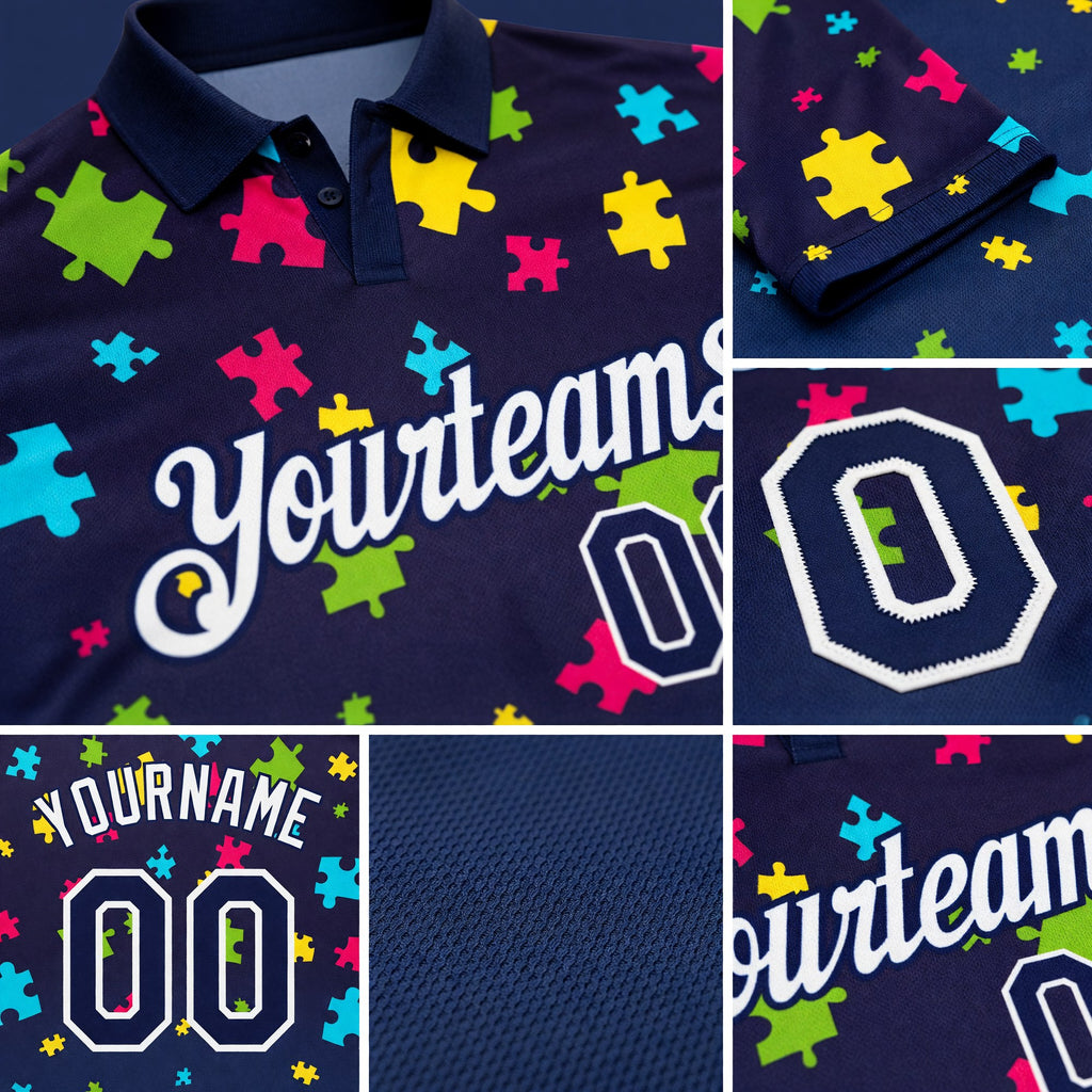 Custom Navy White 3D Pattern Design Autism Supporter Awareness Puzzle Pieces Performance Golf Polo Shirt detail